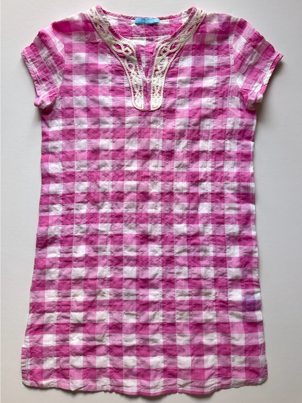J. McLaughlin Pink and White Gingham Tunic Dress with Lace Yoke